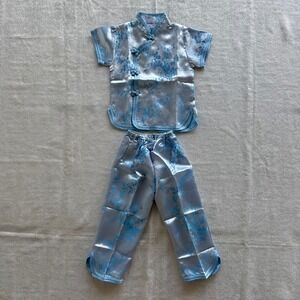2pc Eastern Kids Blue Satin Floral Jacquard‎ Tang Suit Outfit Set Size 4